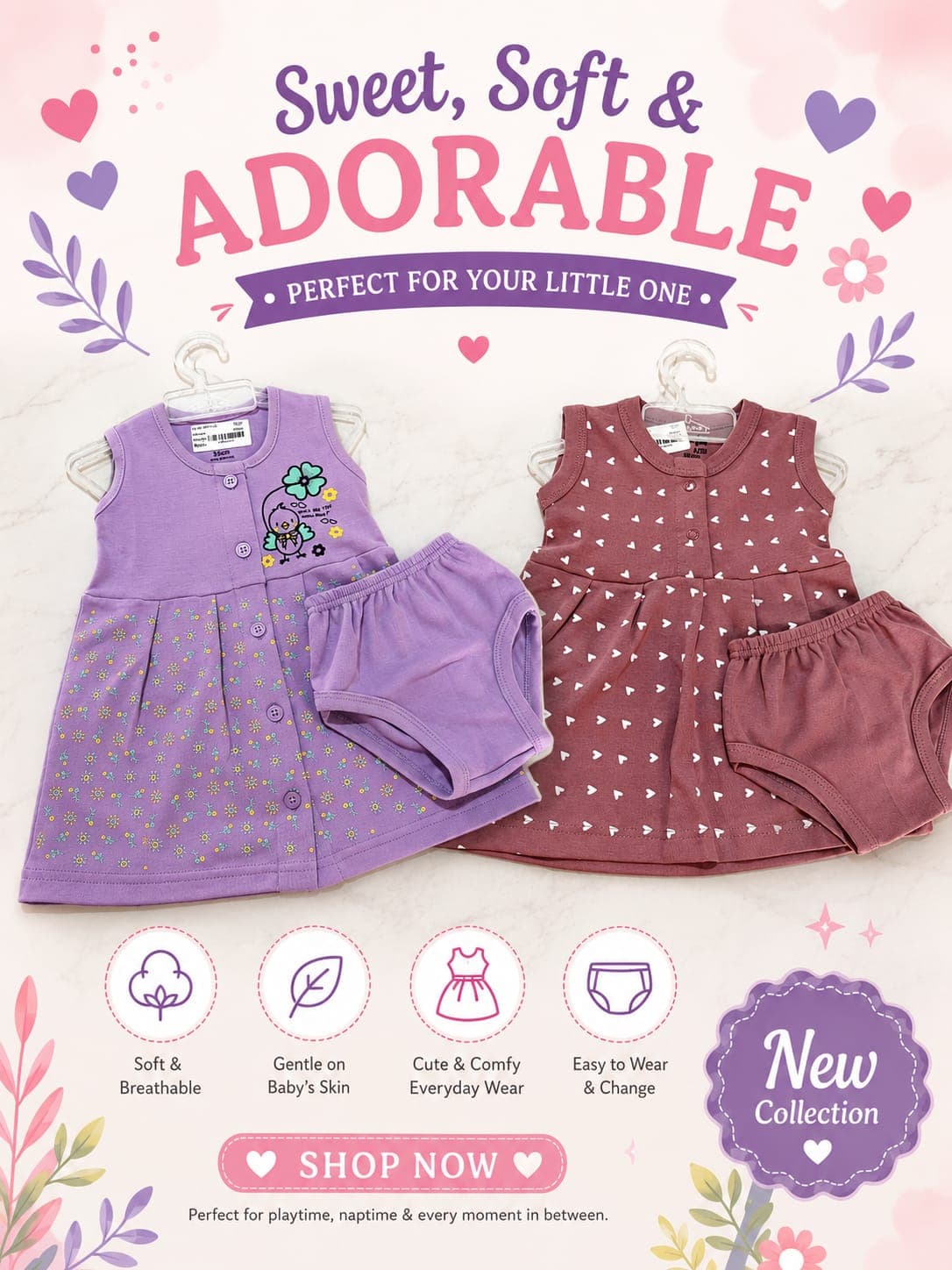 Lavender and dusty rose baby dresses with matching bloomers