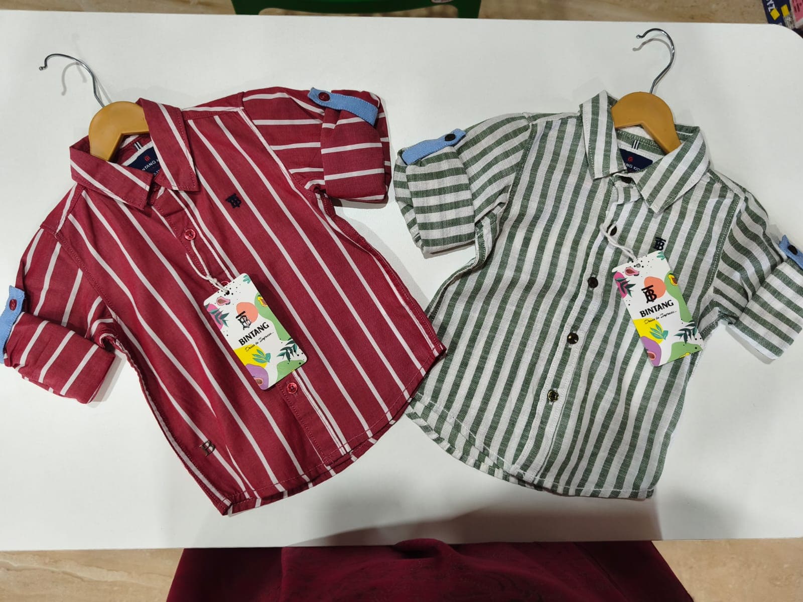 Burgundy and sage striped kids shirts