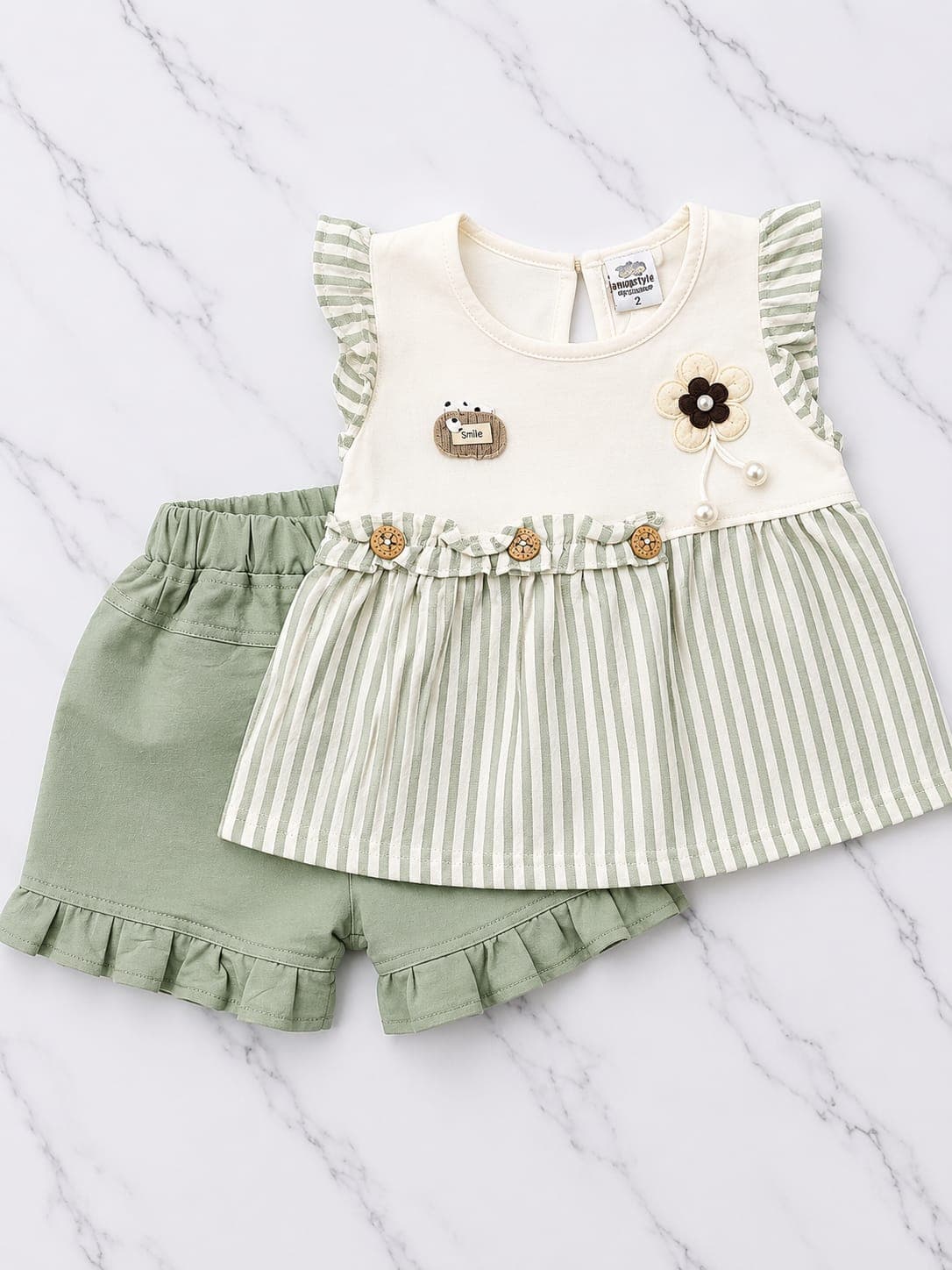 Sage striped baby top and matching shorts