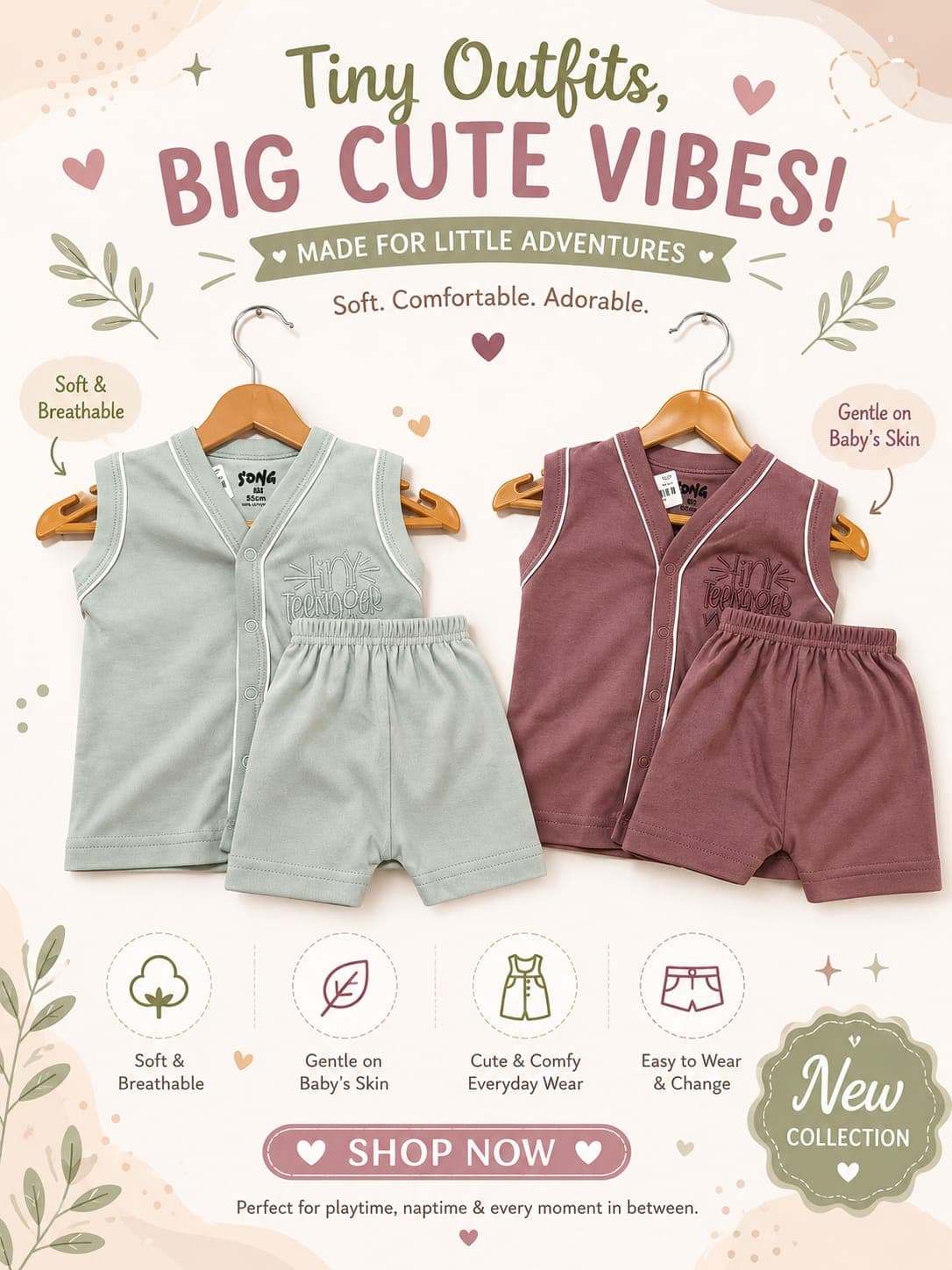 Sage and dusty rose baby sleeveless top and shorts sets